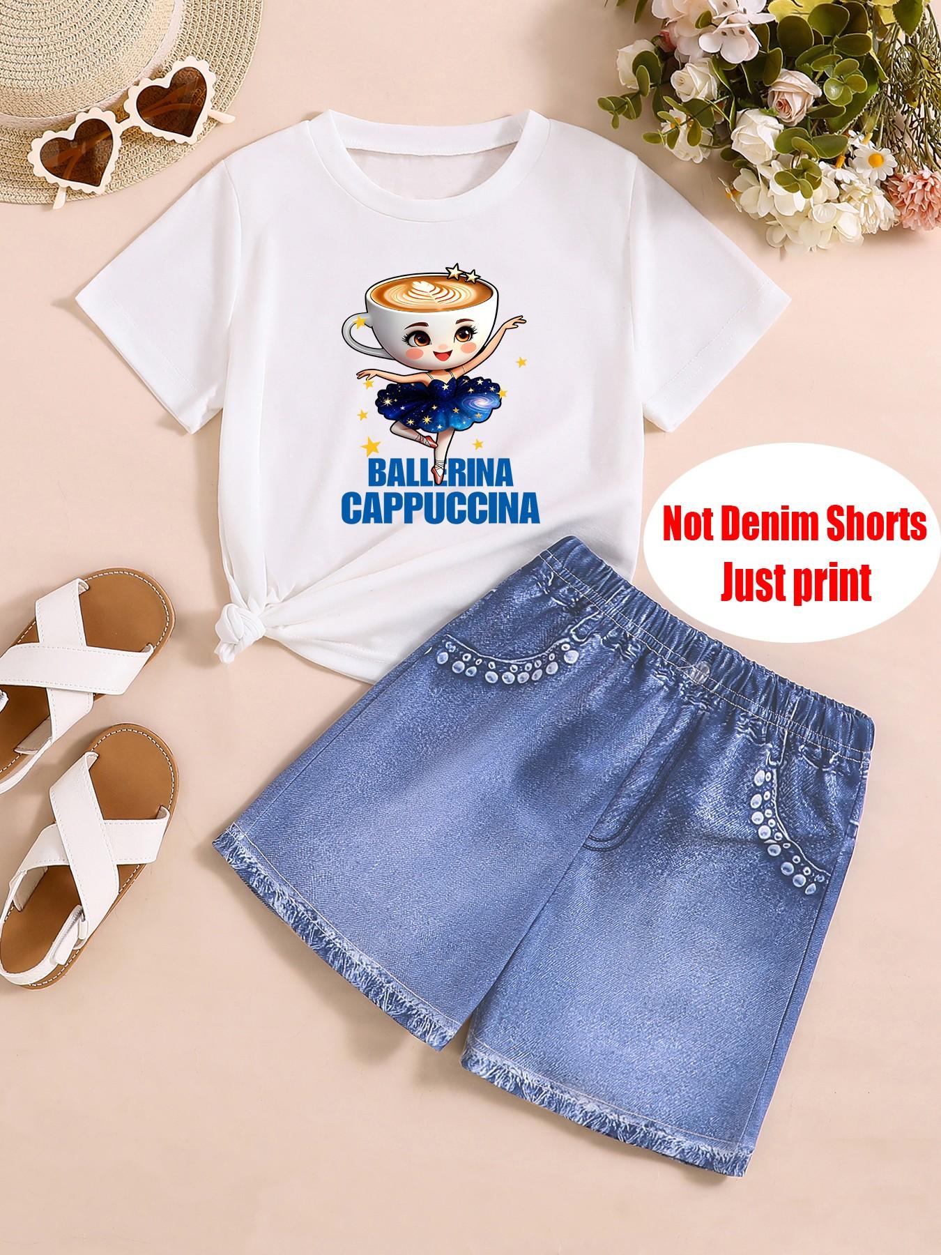Fashion Two-Piece Set for Girls, Ballerina Cappuccina Print T-Shirt + Denim Shorts, Summer for Kids, Casual Slim Fit Suit