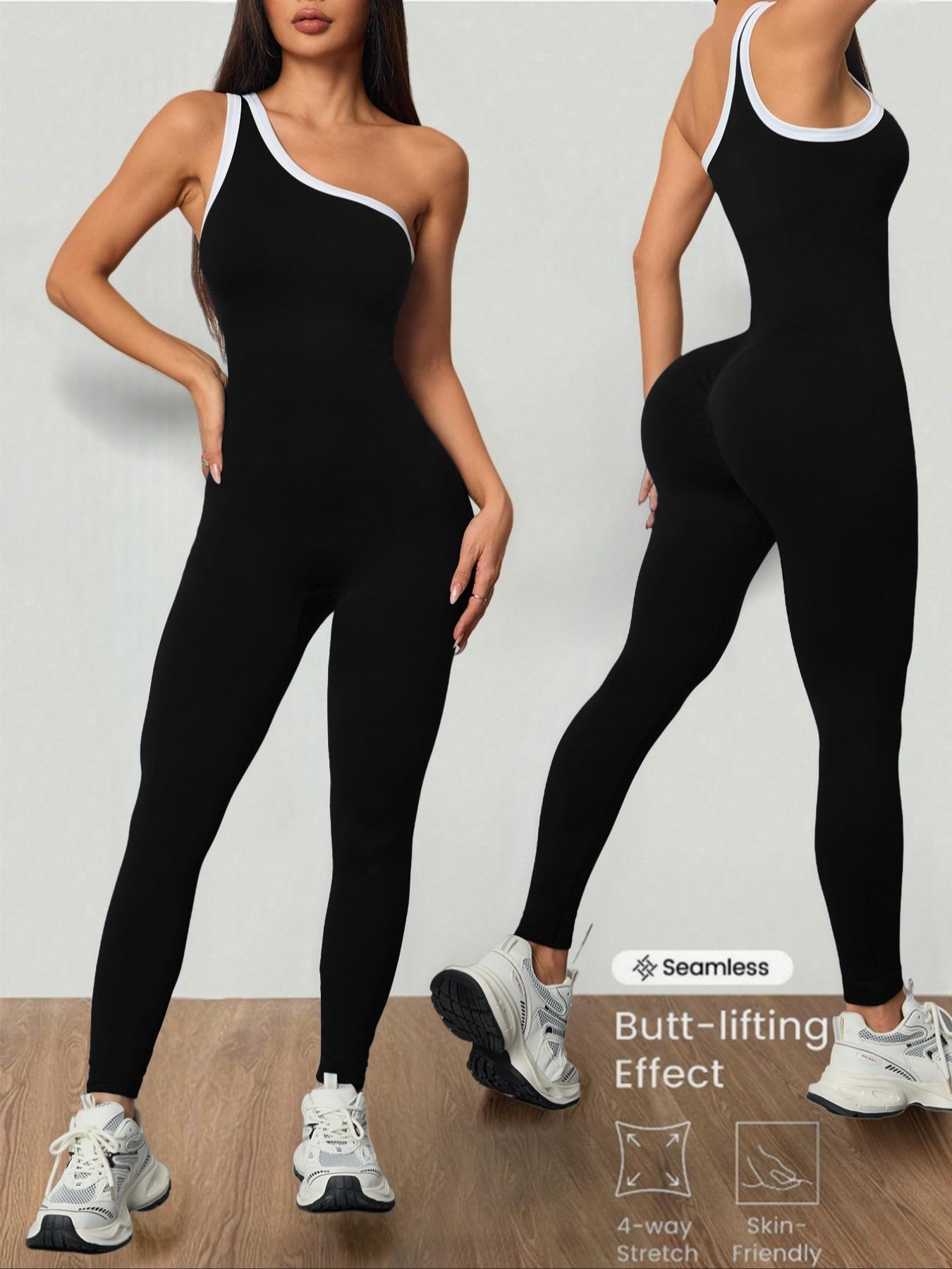 Women's Colorblock Asymmetrical Neck Knit Yoga Jumpsuit, Casual Slim-Fitting Sleeveless Jumpsuit for All Seasons, Sports Jumpsuit, Sporty Jumpsuit