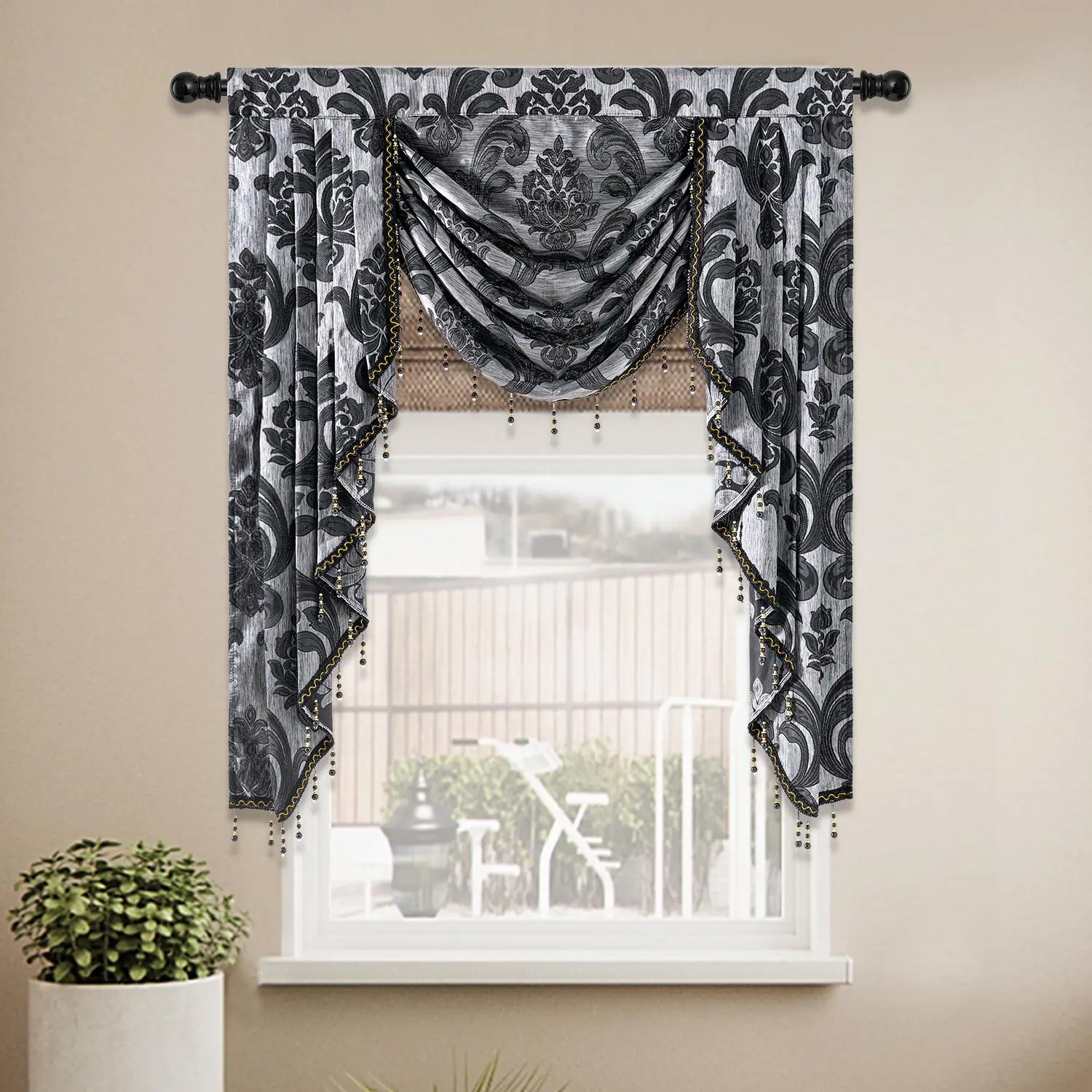 Luxurious Jacquard Damask Beaded Tassel Swag Curtain Valance, European Floral Pattern Cotton-Linen Anti-Shrink Curtain Head, Machine-Washable Decor for Bedroom Living Room