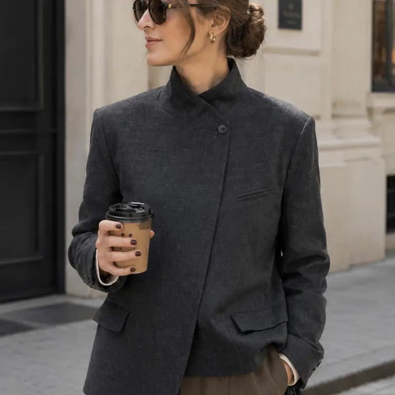 Women's Asymmetric Blazer, New Arrivals Demi-Season Jacket, Business Casual Formal Commuter Workwear Fitted Long Sleeve Stand Collar Outerwear, Elegant Womenswear, Women's Jackets, Drak Gray