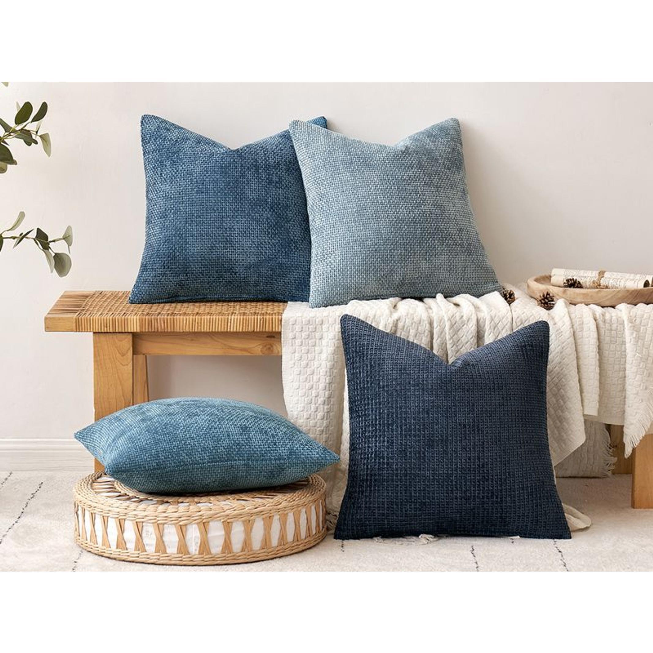Pack of 4 Couch Throw Pillow Covers 18x18 Inch Neutral Blue Soft Decorative Chenille Pillow Covers Farmhouse Accent Cushion Covers for Boho Western Spring Coastal Decor Sofa Bed Living Room
