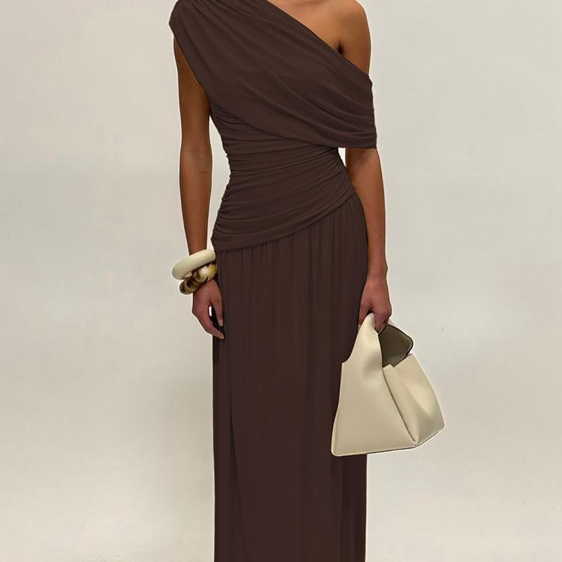 Women's Elegant Solid Irregular Neck Ruched Dress, Sexy One-Shoulder Backless Plain Slim Fit Maxi Dress, Formal Gown for Birthday Party & Date Evening, Summer Ladies Casual Long Dresses for Holiday & Daily Wear Womenswear Women's Elegant Solid Irregular Neck Ruched Dress, Sexy One-Shoulder Backless Plain Slim Fit Maxi Dress, Formal Gown for Birthday Party & Date Evening, Summer Ladies Casual Long Dresses for Holiday & Daily Wear Womenswear