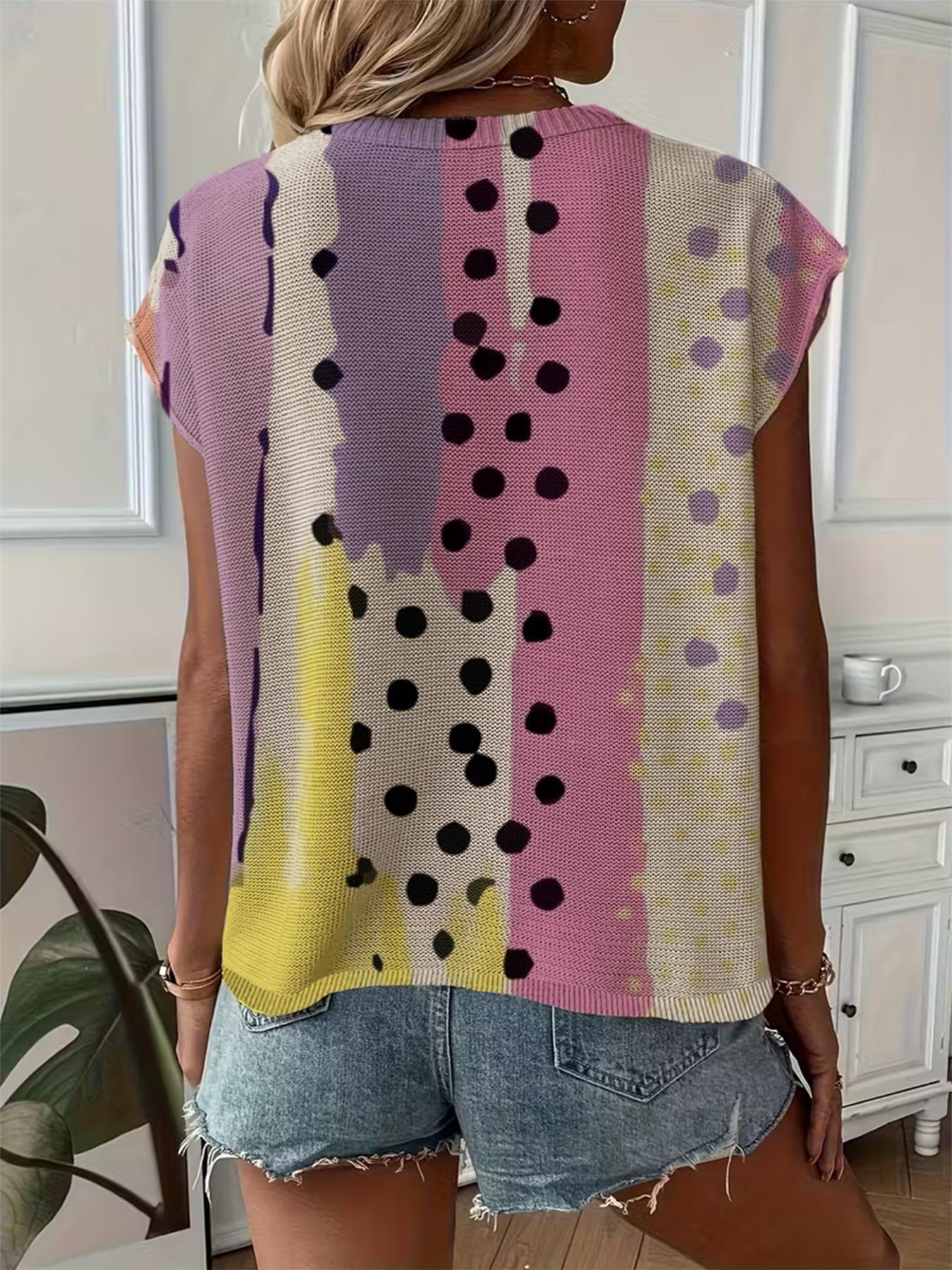 Summer Round Neck Short Sleeve Knit Top Blouse, Loose Fit Colorblock Polka Dot Print, Casual Elegant Commuter, Bikini Cover-Up