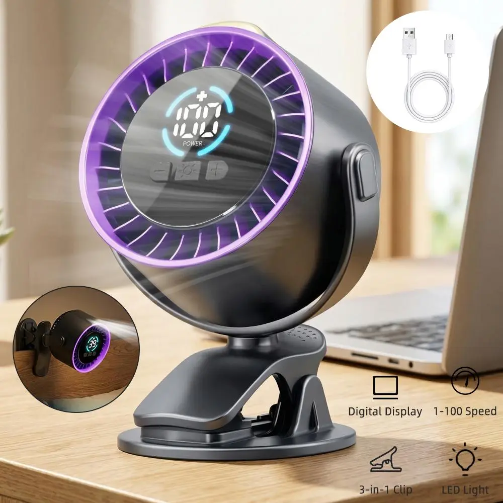 【BackToSchool】Desktop Fan Turbo Table Fan Travel Vacation Essentials for Office 100-Speed Digital Display Adjustable, Battery Powered Fan, Clip Fan Rechargeable