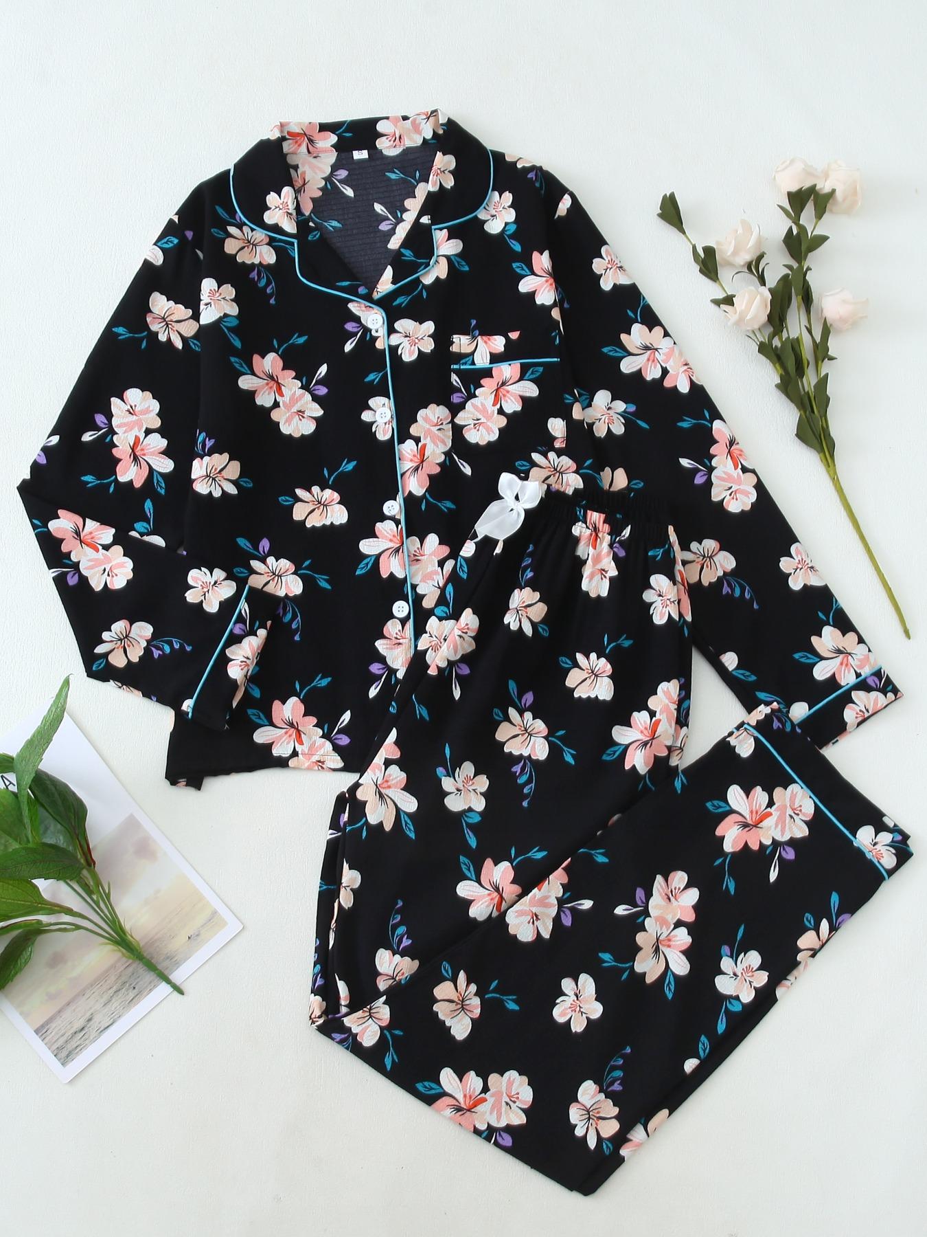 Women's Button Front Blouse & Bow Front Contrast Binding Pants Pyjama Set, Casual Long Sleeve Lapel Top & Trousers, Summer Outfits 2024, Sleepwear for Spring & Fall, National Day Offers