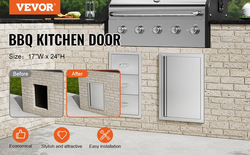 VEVOR Stainless Steel Rectangular BBQ Access Door, 17Wx24H in Single Flush Mount Wall Vertical Door with Recessed Handle, Adjustable, Includes CAD Template, for BBQ Island, Grilling Station