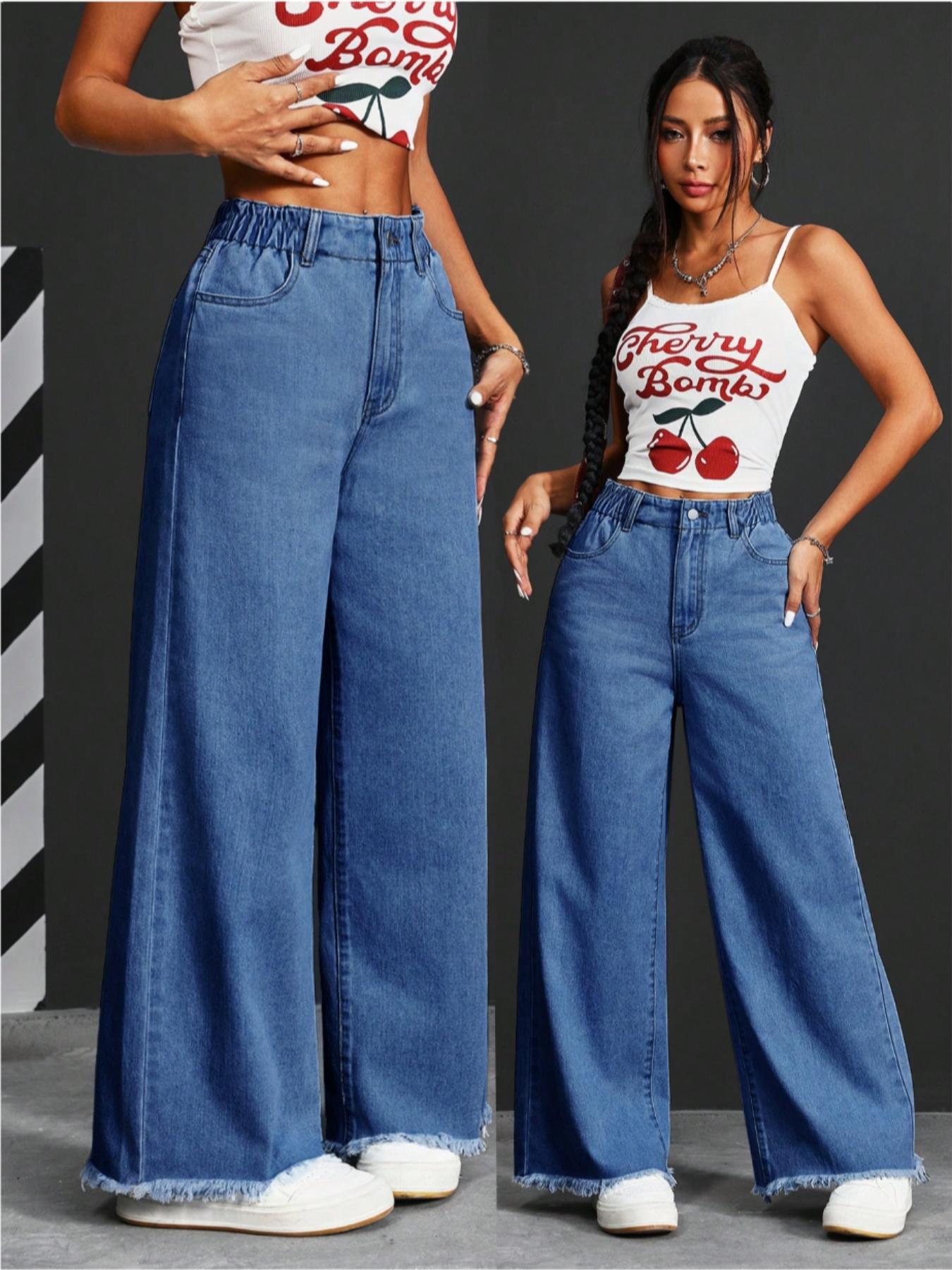 Women's High Waist Denim Jeans, Elastic Waist Design, Pockets with Buttons, Casual Fashion, Fuzzy Hem, Comfortable Pants for All Seasons