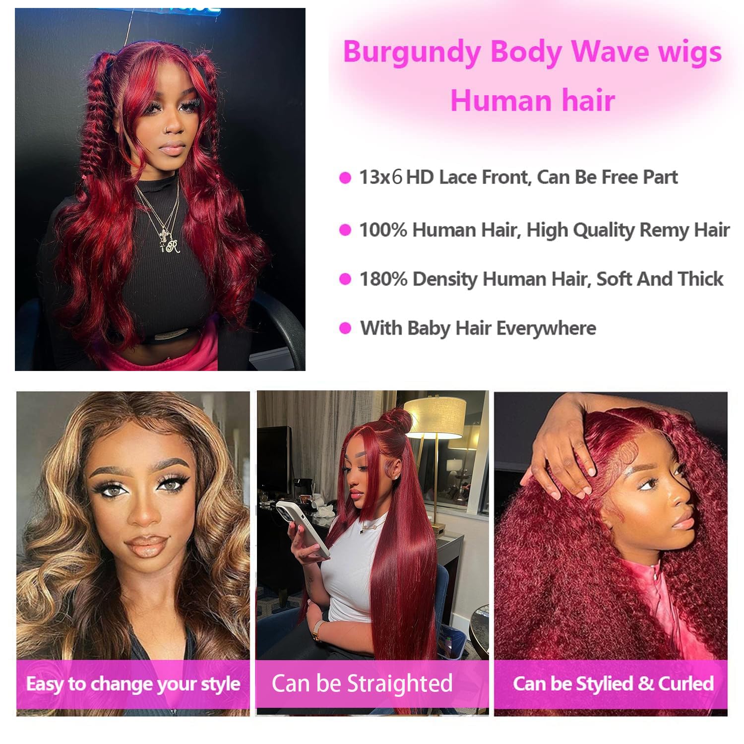 99J Burgundy Lace Front Wigs 99J 13X6 Body Wave HD Lace Frontal Wig Burgundy Transparent Lace Front Wig Colored Pre Plucked With Baby Hair 180% Density Wine Red