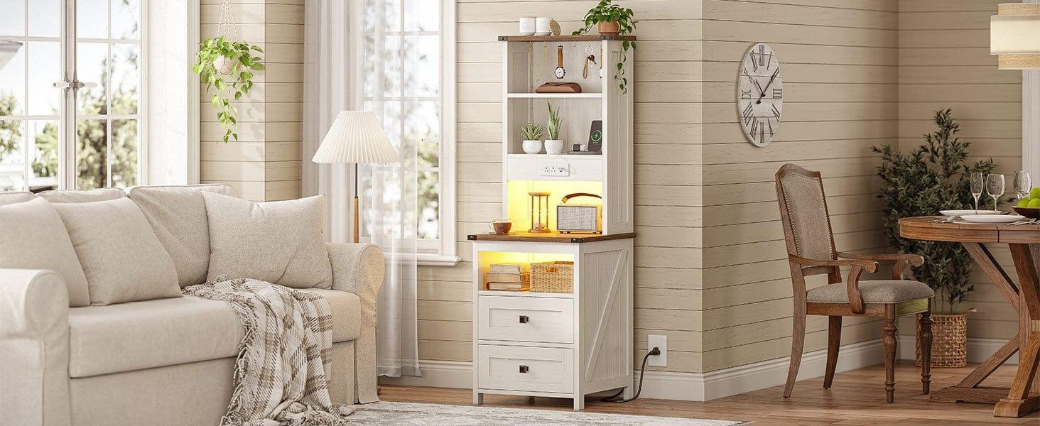 Sikaic Tall Nightstand with Charging Station and Bookshelf White Farmhouse Bedside End Side Table with Led, 2 Drawers, 6 Hooks and Storage Shelves for Bedroom