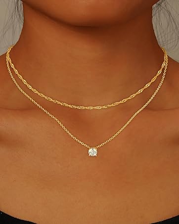 Dainty Gold Necklace for Women Non Tarnish Layered 14k Diamond Pendant Charm Gold Plated Necklaces CZ Trendy Zirconia Chain Choker Necklace Stack Gold Jewelry for Women Birthday Gift