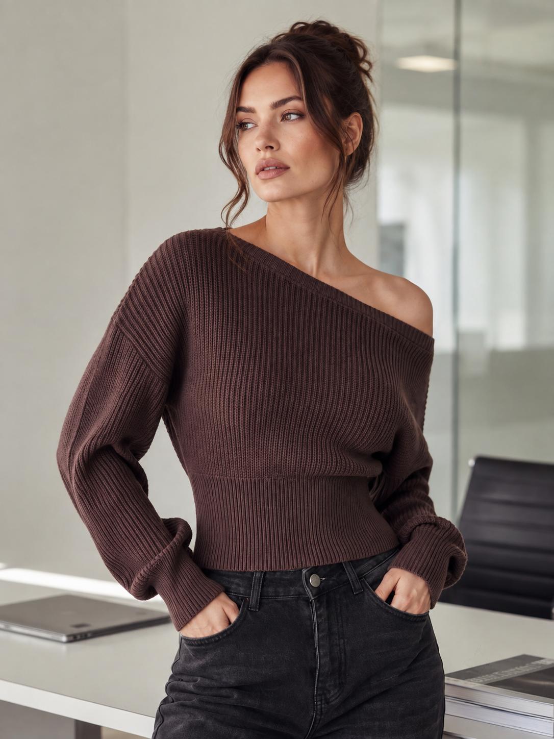 Katch Me Chic Women's Elegant Sloping Shoulder Cinched Waist Knit Sweater, Soft Stretchy Pill‑Resistant Long Sleeve Top, Cozy Warm Going Out Knitwear for Fall & Winter #TikTokMadeMeBuyIt #CozyWinterPullover #SoftKnitWear