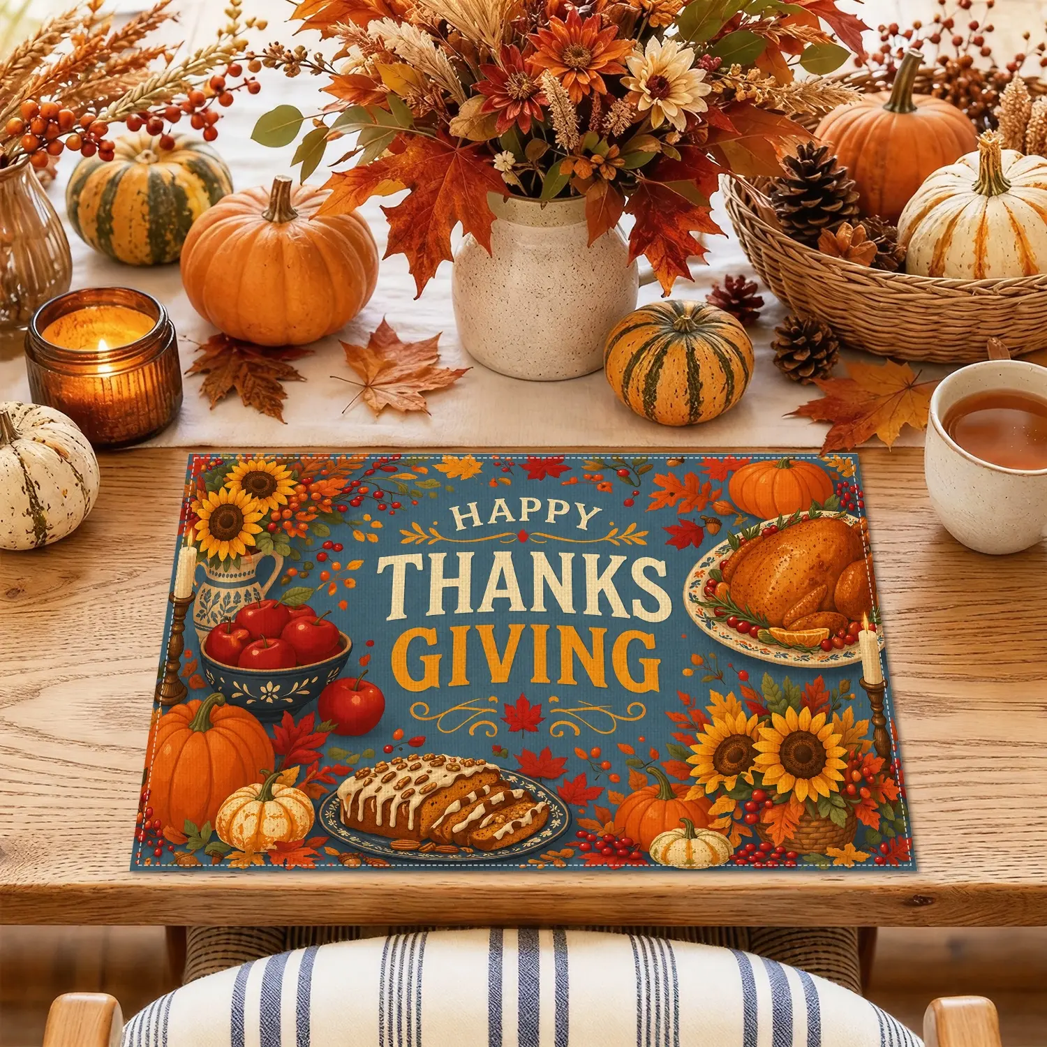 4/6pcs Thanksgiving Turkey Pumpkin Sunflower & Maple Leaf Placemats, Vintage Harvest Style for Dining Table, Kitchen, Thanksgiving Dinner & Farmhouse Decor, Thanksgiving Gifts, Table Decoration