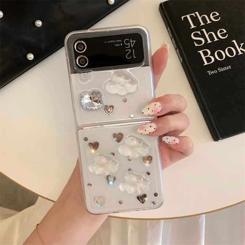 Fashion Glitter Love Cloud Resin Phone Case For Samsung Galaxy Z Flip 7 6 5 4 Flip7 Flip6 Cover with Chain Hand Rope Cute Cases