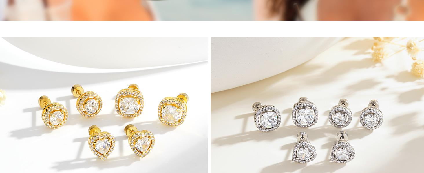 6 Pairs Stud Earrings Set Hypoallergenic 925 Sterling Silver Post Stud Earrings Set for Women - 14k Gold Plated Silver Flat Back Studs Cubic Zirconia Earrings for Women Dainty Nickel Free Earring for Sensitive Ears