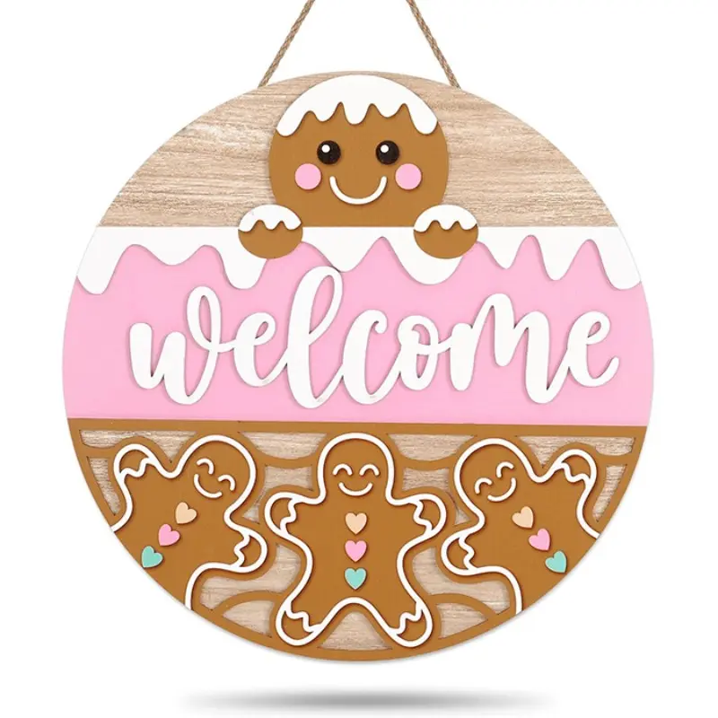 Vintage Round Wooden Sign, Winter Welcome Door Hanger, Snowflake Gingerbread Man, Outdoor Wall Decor, Party Home Decoration