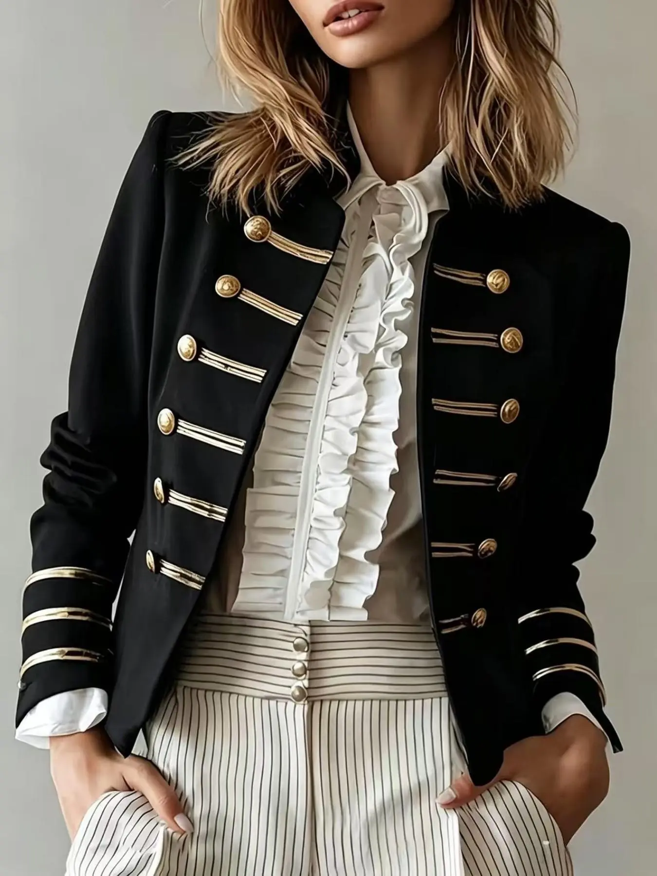 European and American Style Webbing Jacket, Stand Collar Double Button Slim Fit Short Coat, Elegant Fashion Outerwear 8019