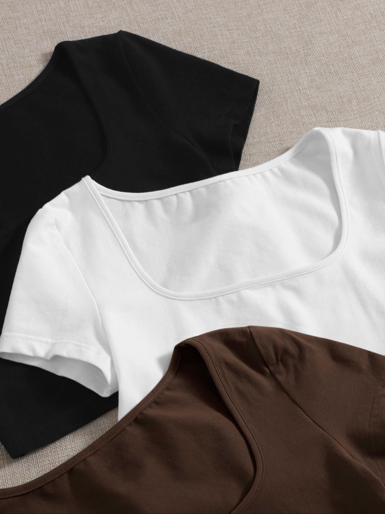 Women's Square Neck Short Sleeve T-Shirt, Sexy Slim Fit Graphic Top, Casual Commuter Daily Wear, Summer, Home Relaxation, Gym Workout