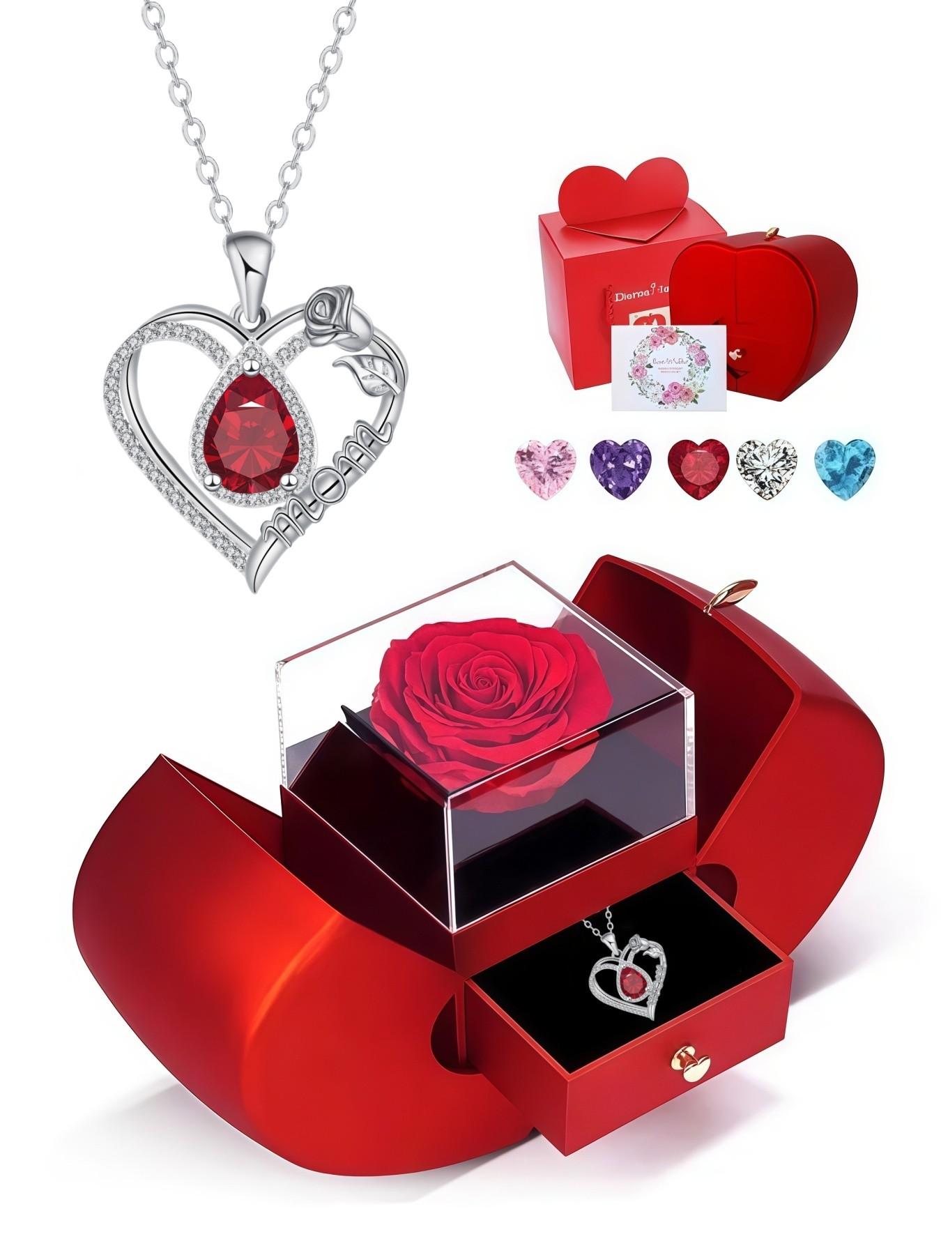 Diamond Drop Rose Heart Mom Luxury premium heart-shaped MOM teardrop gem necklace.Paired with an apple-shaped preserved rose jewelry gift box.Ideal gift for birthdays, Mother’s Day, Valentine’s Day and Christmas.
