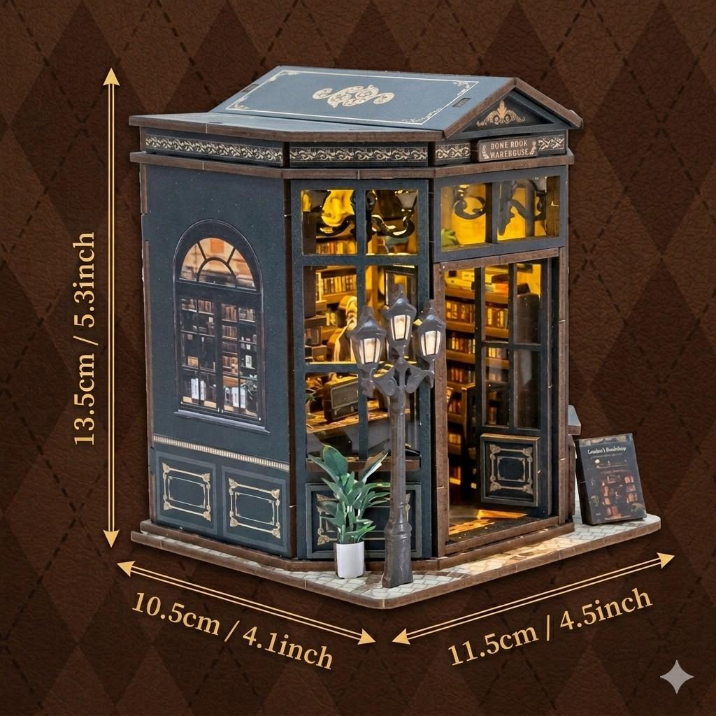 DIY Book Nook Kit, Dome Book Warehouse Miniature Dollhouse Bookstand with LED Light, 3D Wooden Puzzle Bookshelf Insert, Vintage Home Decor, Ideal Creative Gift for Adults & Teens