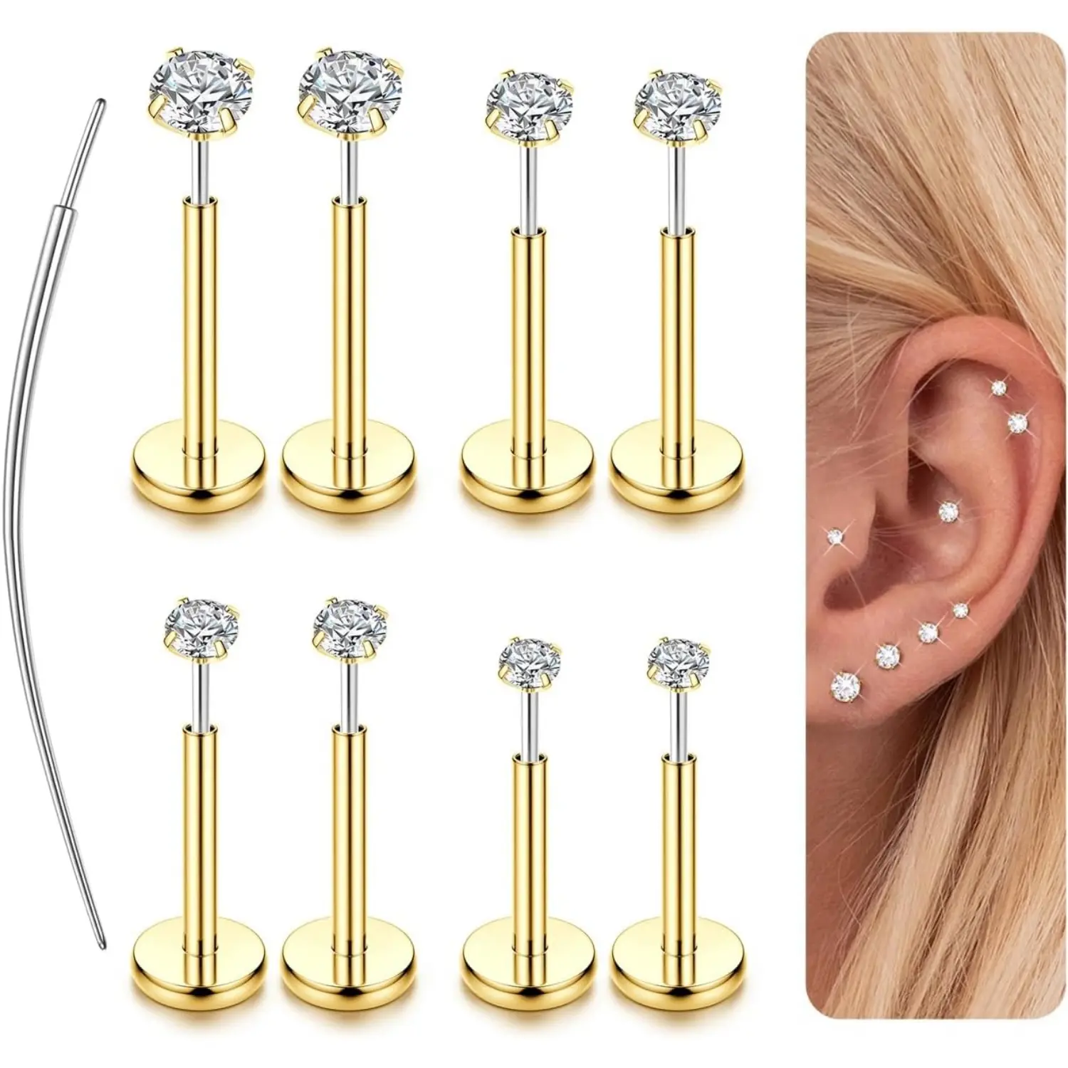 FIASASO Nose Rings for Women, Threadless Nose Studs and Flat Back Earrings Hypoallergenic 316L Surgical Steel Labret Studs, Push In Flat Back Earrings, CZ Nose Nostril Tragus Helix Piercing Jewelry