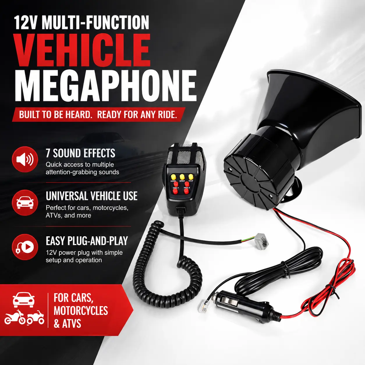 12V Automotive Megaphone Speaker with 7 Built-In Sound Effects, Handheld Microphone & Universal Plug-and-Play Design for Cars, Motorcycles, ATVs, Trucks & Outdoor Communication