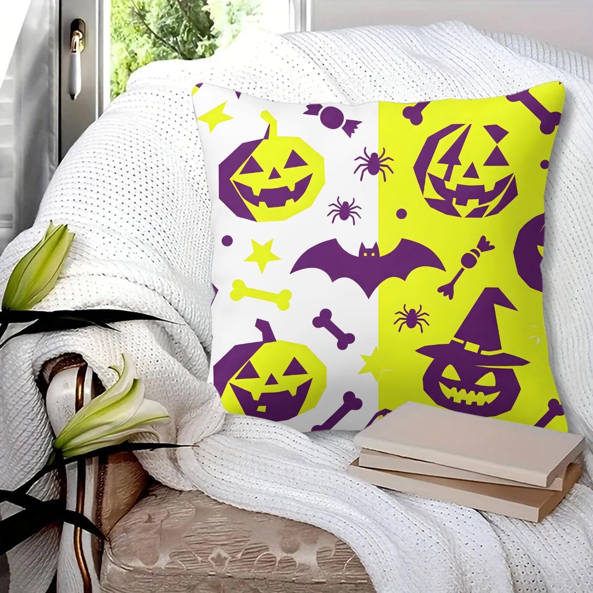 Spooky Halloween Ghost Throw Pillow, featuring bat, bare tree and crescent moon night print, soft durable decorative pillow perfect for sofa, couch, bedroom, living room halloween party decor, comes with pillow insert