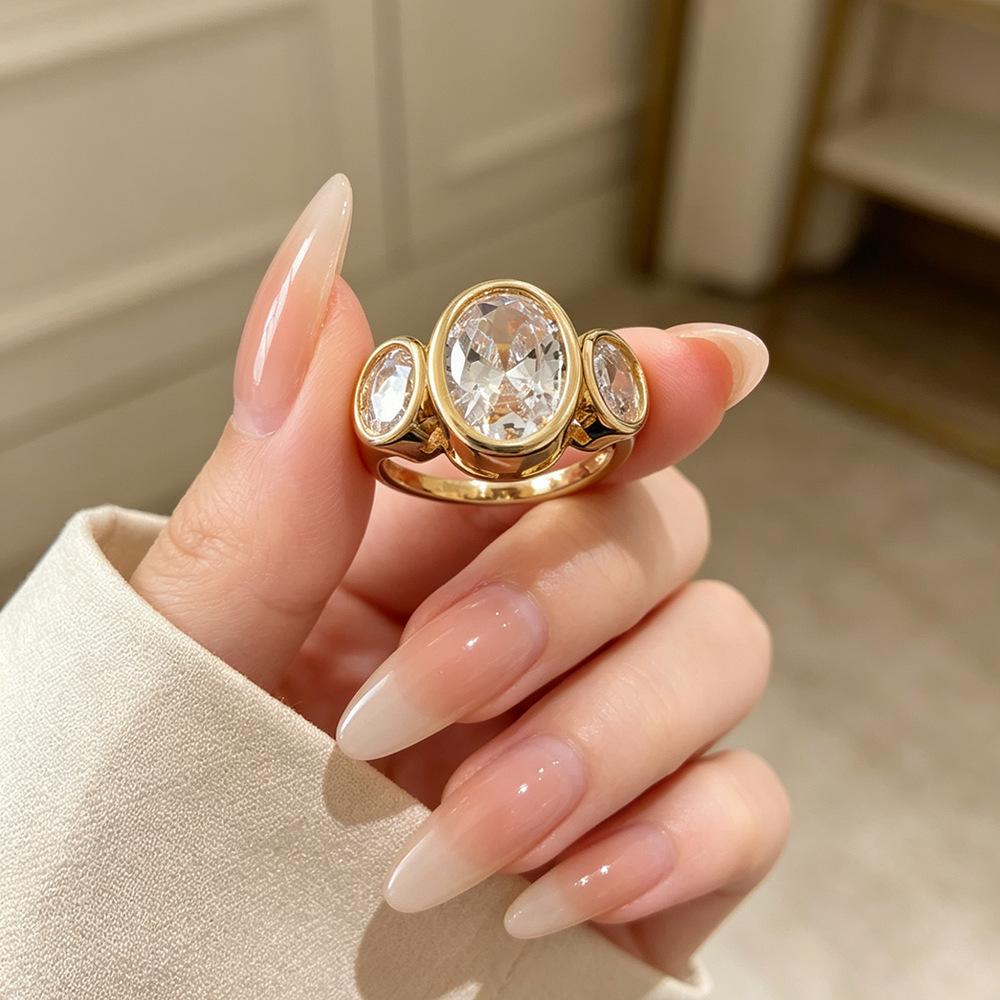 Oval Cut Diamond Art Deco Delicate Three Stone Bezel Set Statement Wedding Bridal Engagement Ring For Women 14K Yellow Gold Plated  Handmade Unique Christmas Ring