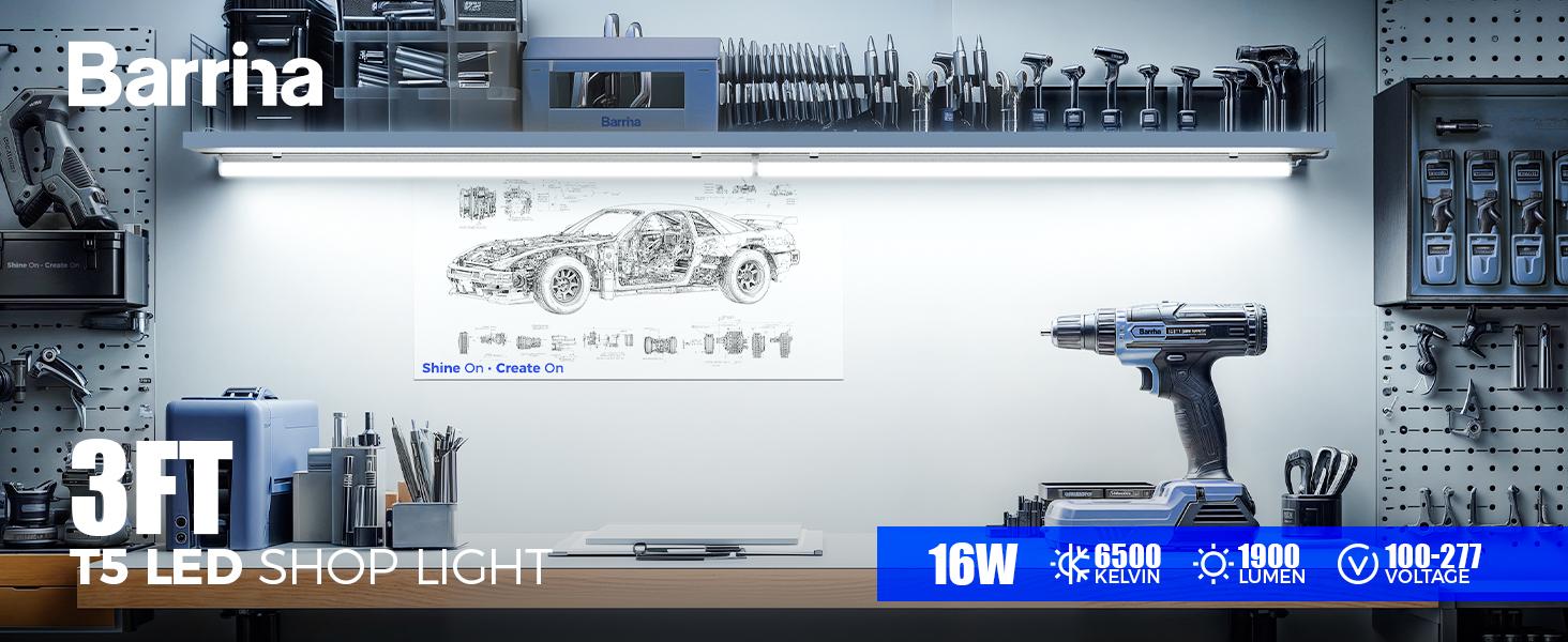 BarrinaLED T5 Shop Light 3FT, 6500K (Super Bright White), ETL Listed, Corded Electric with Built-in ON/Off Switch, 6 Packs