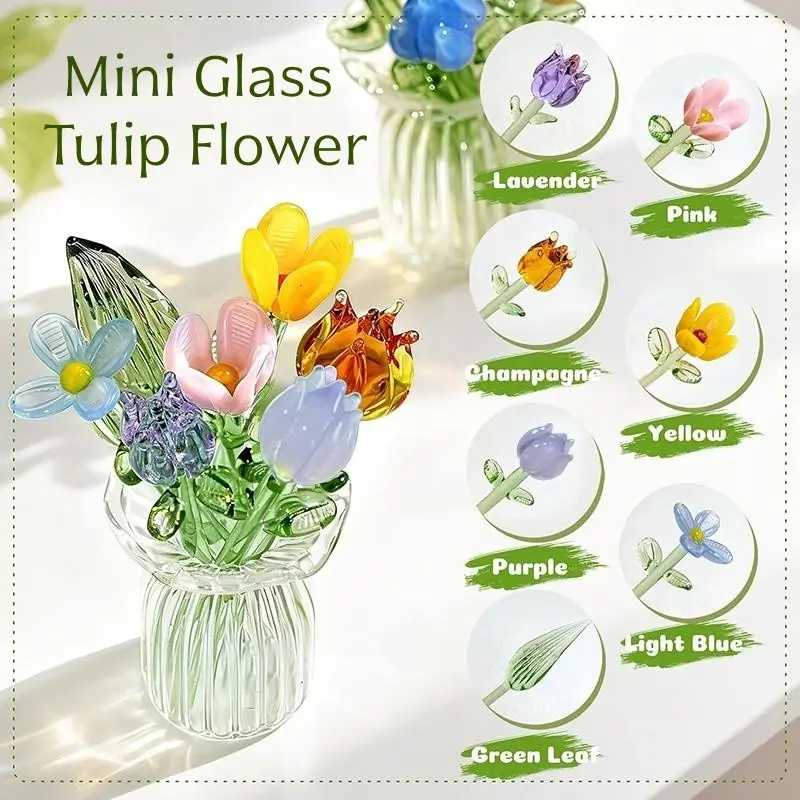 7 Pcs Mini Glass Tulip Flower with Clear Vase Crystal Tulip Bouquet Floral Decoration for Women Mom Wedding Home Table Centerpiece