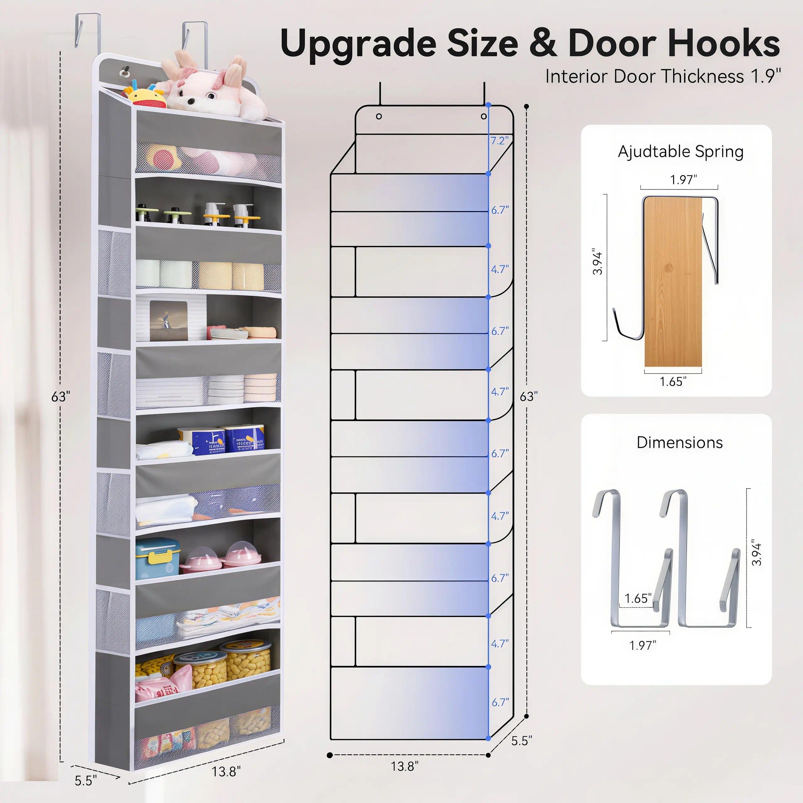 Lovely Home 2026 New Arrival 5-Tier Over-The-Door Storage Organizer with 10 Jumbo Pockets, Anti-Swing Support, 44 lb Weight Capacity, Hanging Caddy for Bedroom, Bathroom & Nursery Essentials, Tool-Free Installation