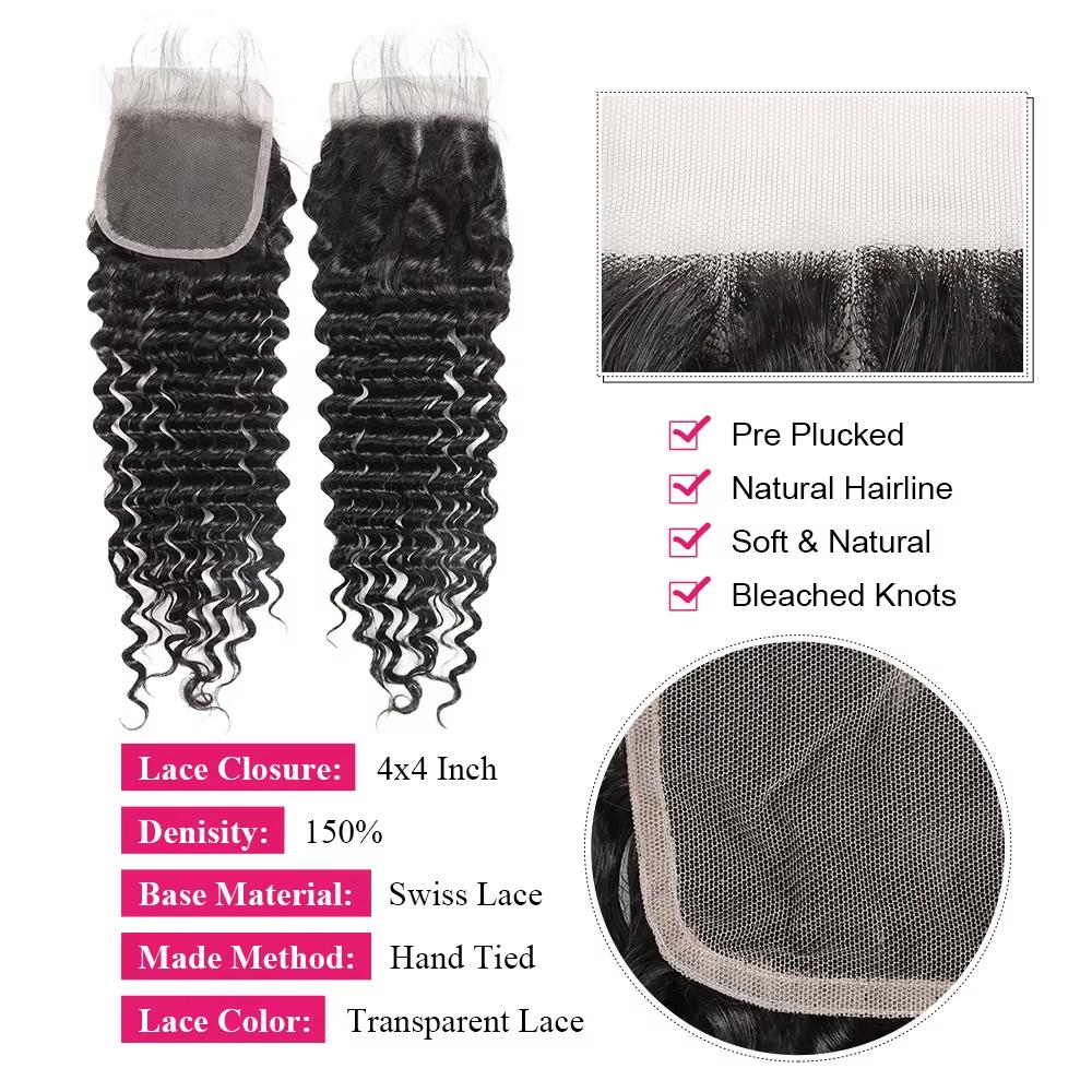 Brazilian Deep Wave Bundles With Closure Virgin Human Hair Bundles With Closure Quick Weave Extensions