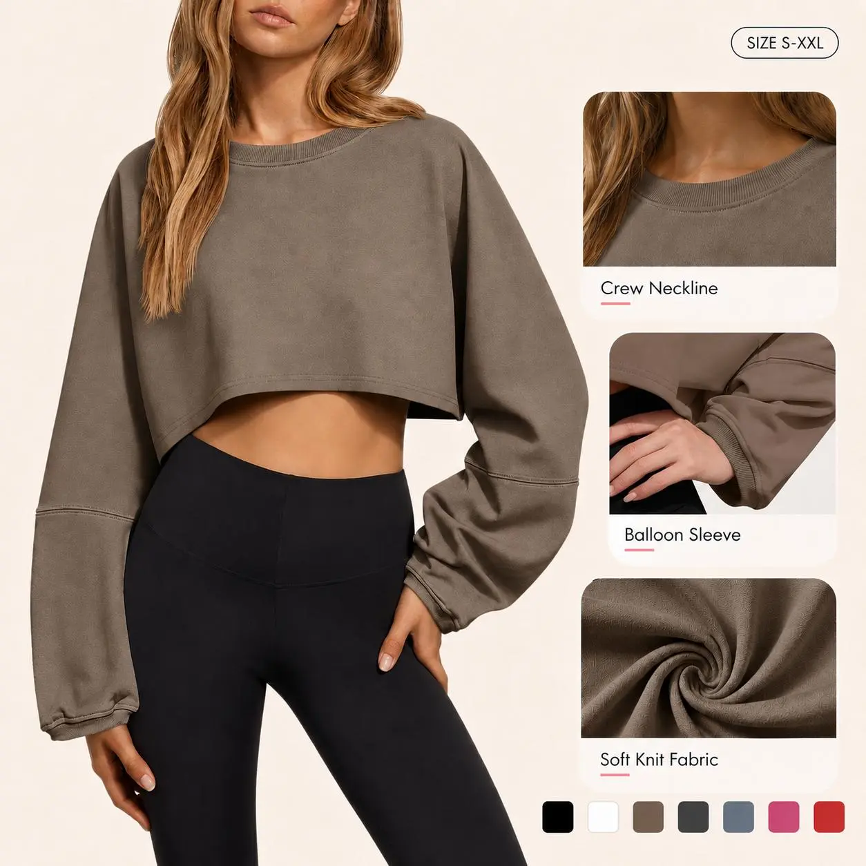 Imily Bela Womens Long Ballon Sleeve Sweatshirts Tops Cropped Crew Neck Loose Fit Casual Workout Shirts