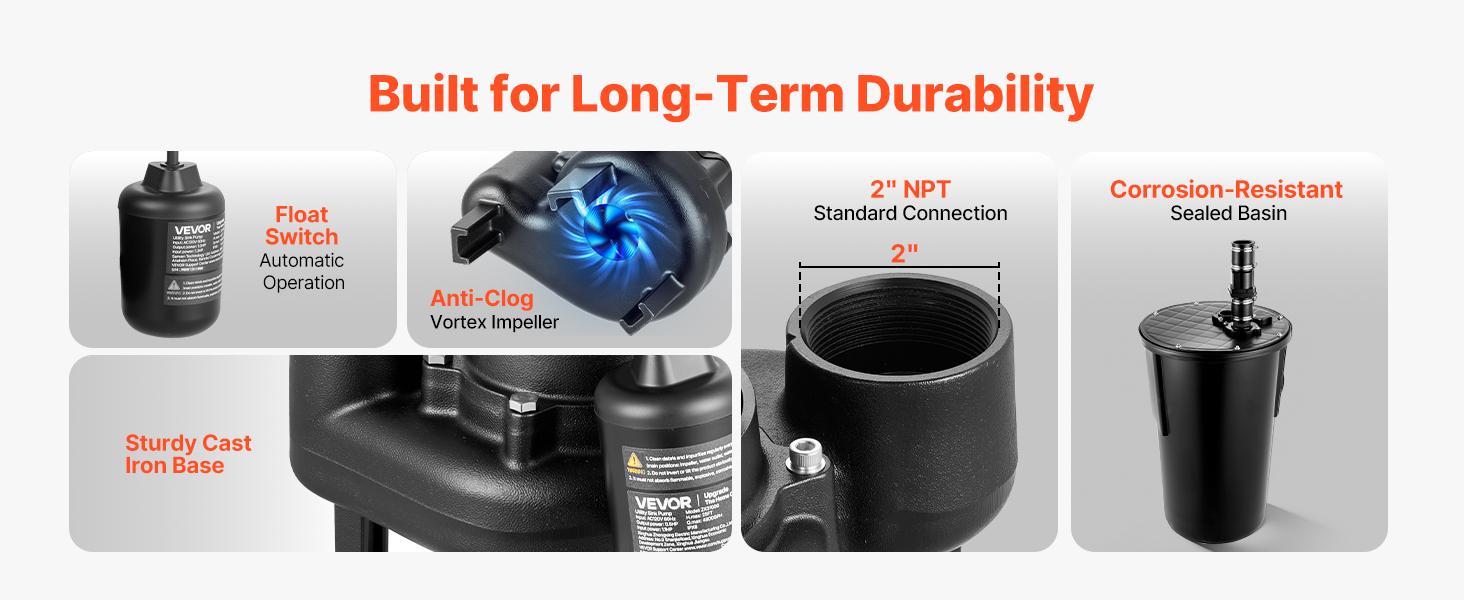 【Summerfinds】VEVOR Sewage Pump System, 1/2 HP, 4800 GPH Cast Iron Sewage Pump with Basin Kit, 120 Volt, Automatic On/Off Outdoor Water/Seepage Collection and Removal System with Float Switch, 2" Discharge, Black