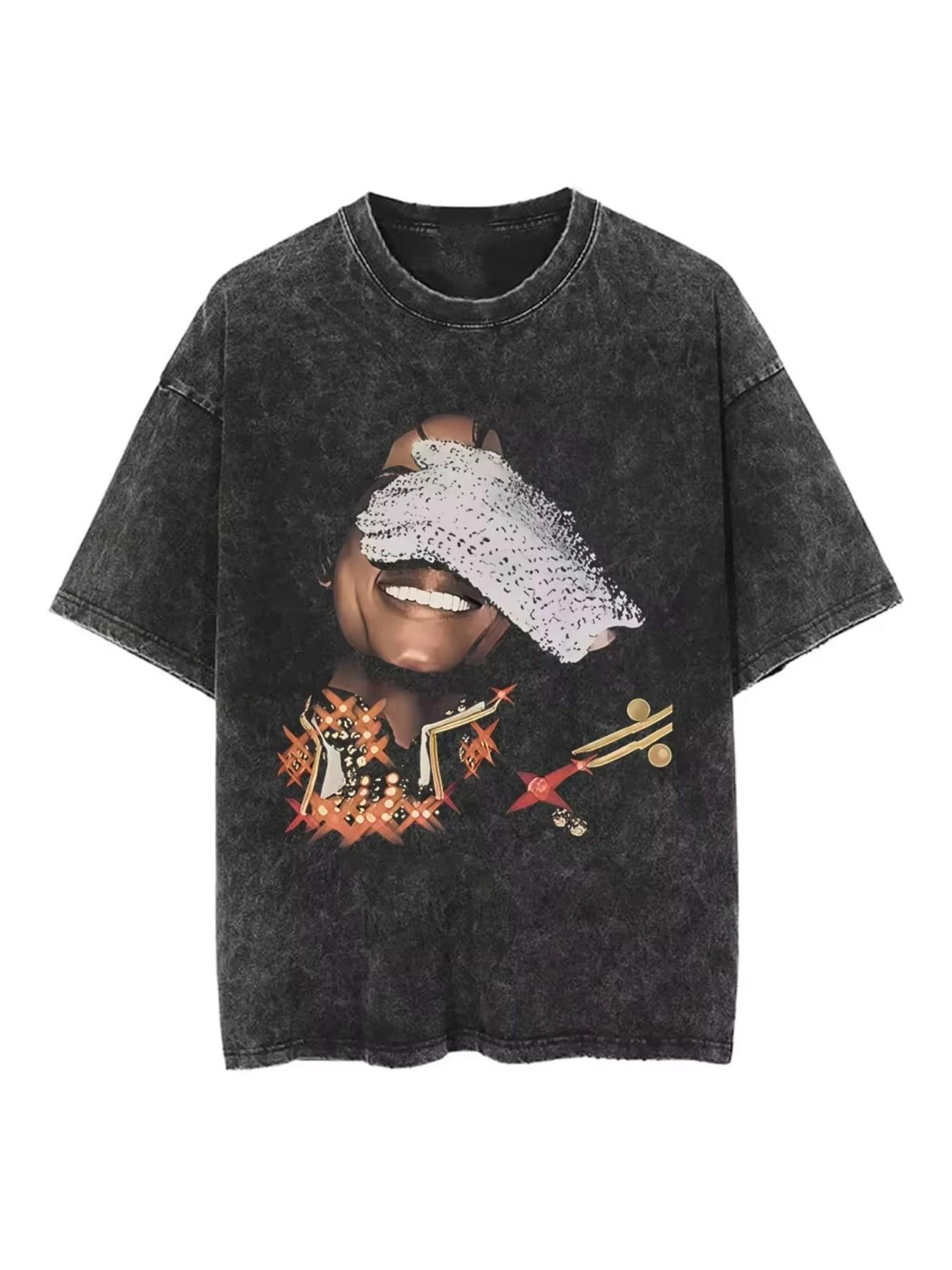 Men's Vintage Washed Hip Hop Smile Portrait Print Loose T-Shirt, Street Rap Culture Casual Short Sleeve, Retro Loose-Fitting Top