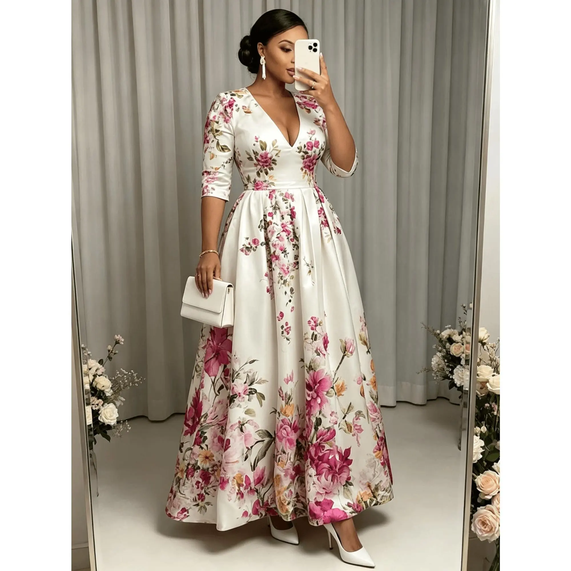 Women's White Pink Floral Print Satin V-Neck 3/4 Sleeve Ball Gown Flowing Skirt Wedding Guest Mother of Bride Formal Dress Spring Summer