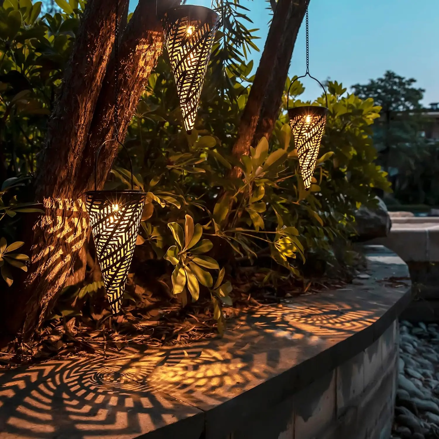 Outdoor Decorative Solar  Lights with Delicate Hollow Conical Lantern Design - Set of 3 Chandelier for Patio, Tree, Garden, Yard, Porch, Backyard Pathway and Christmas Decoration.