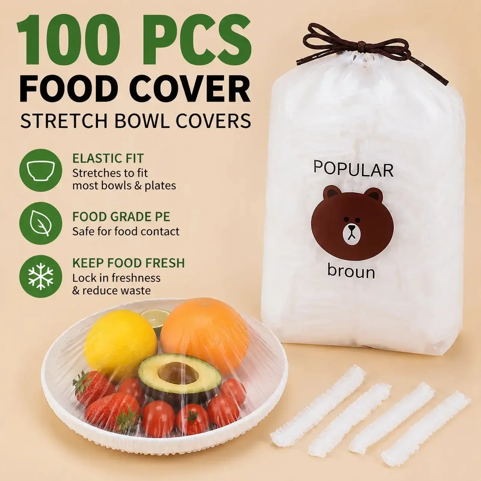 100‑Count Disposable Stretchable Food‑Cover Sheets, Elastic Rim Bowl & Plate Coverings, Household Food Storage Accessory for Leftovers, Fruits and Vegetables