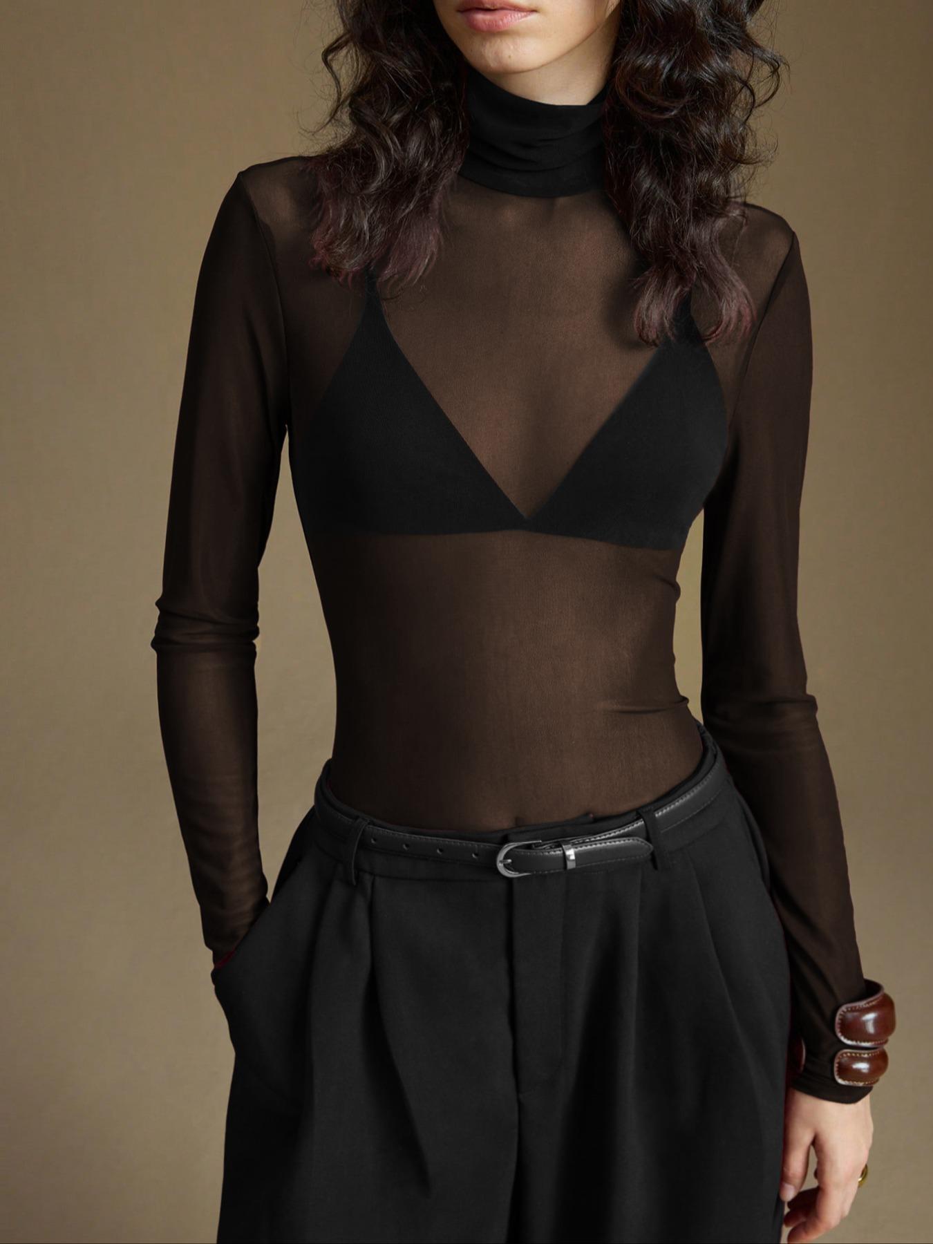 Women's Sparkle Mesh Halter Neck Top, Long Sleeve, Sexy Slim Fit Design, Plain Pattern, All Season Fashion Essential, Versatile Underwear