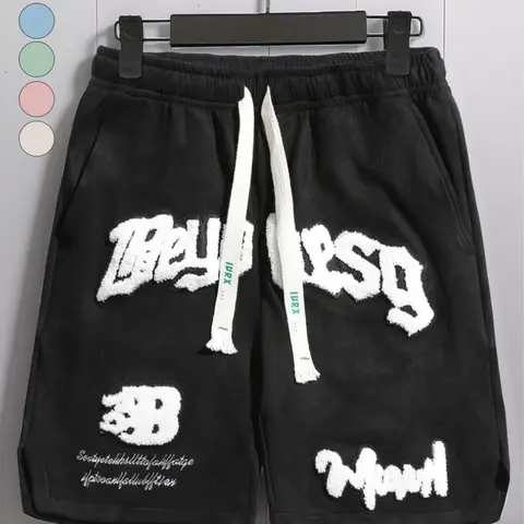 Men's Letter Embroidery Patched Drawstring Waist Suede Shorts, Regular Fit Casual Pocket Design Shorts for Summer, Fashion Men's Bottoms for Daily Wear,  Shorts for Men