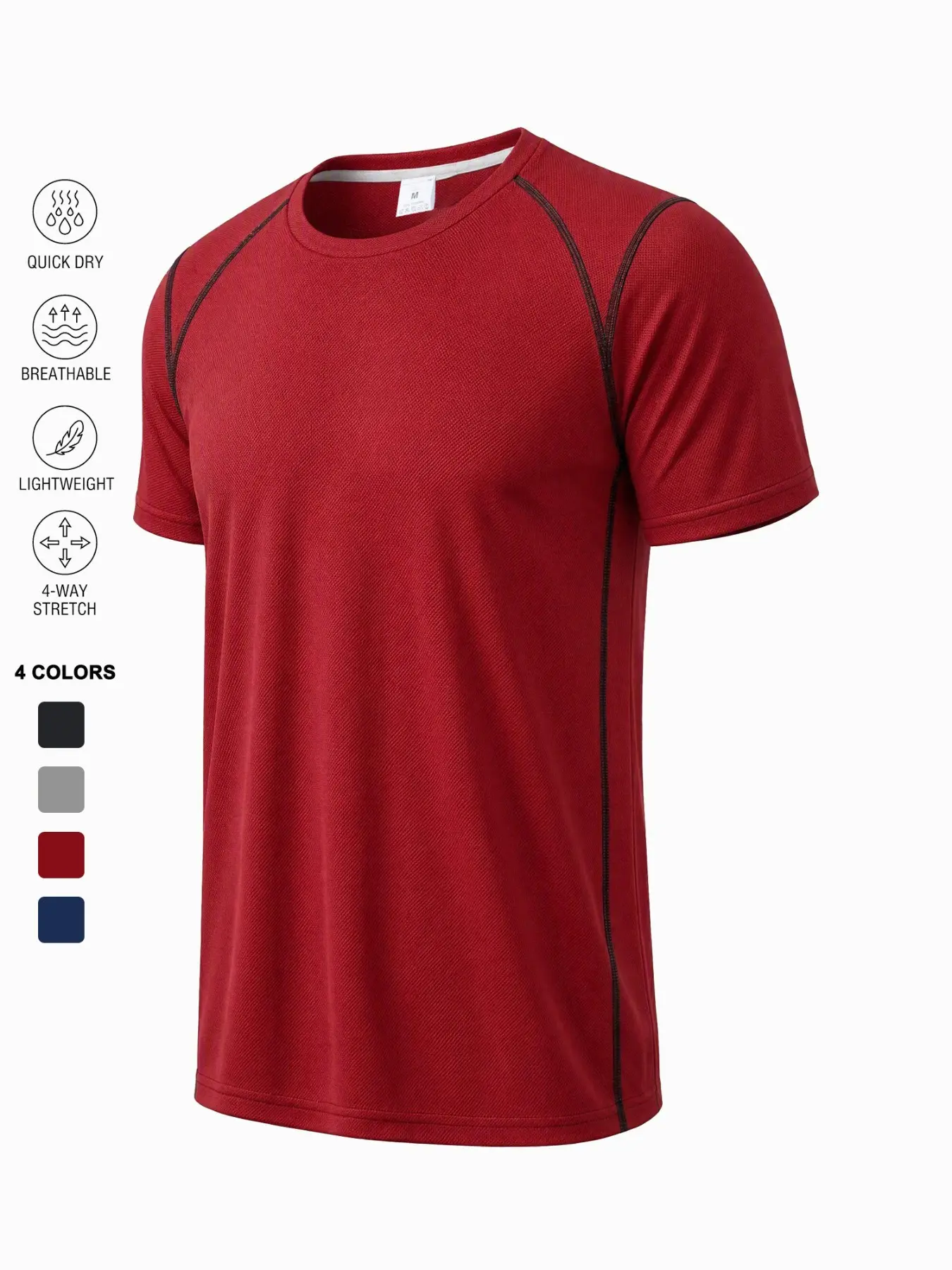 Men's Tactical Style Round Neck Short Sleeve T-Shirt, Colorblock Shoulder Pockets, Four-Way Stretch Polyester, Breathable Lightweight Sportswear Workout Shirts