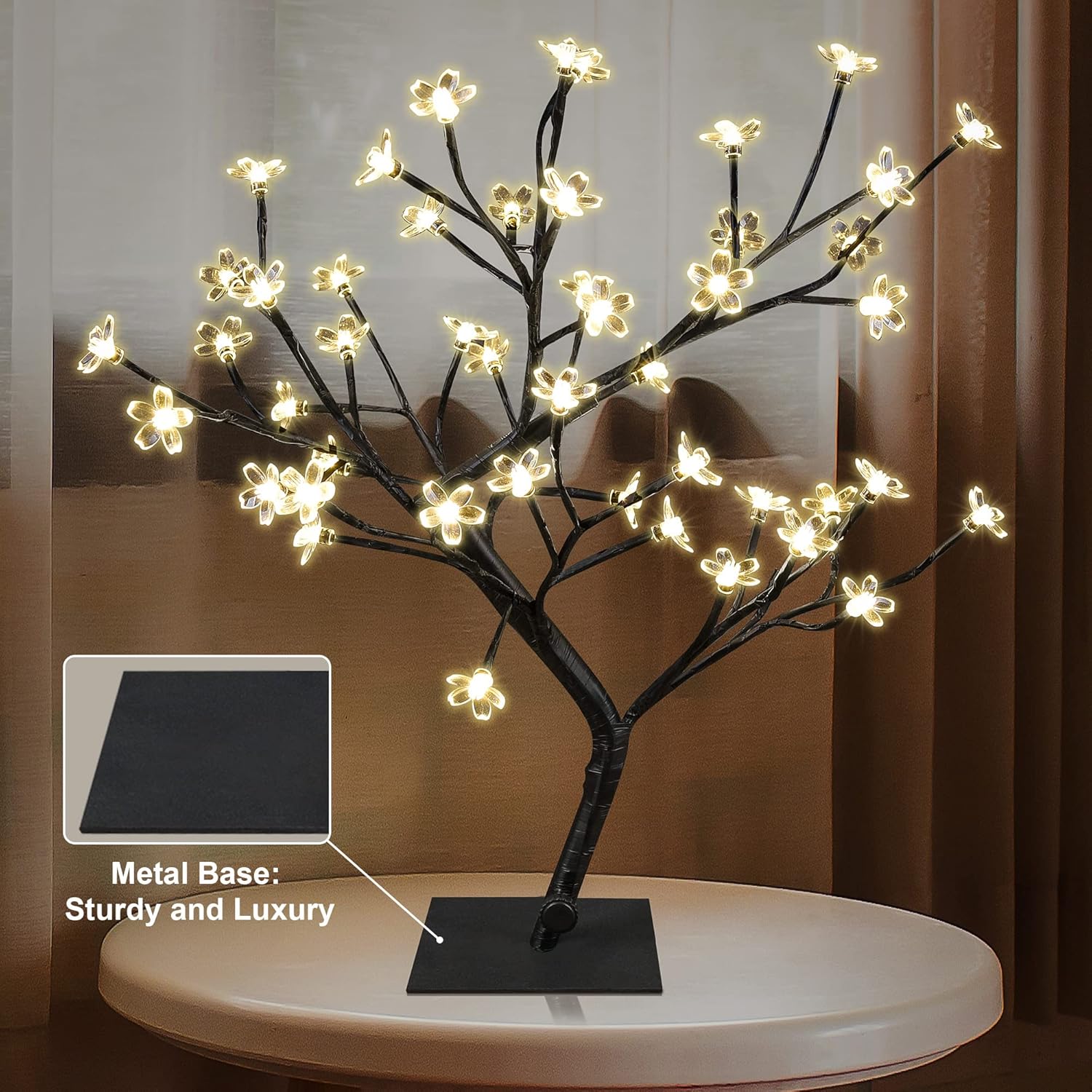 Energy Efficient 2pc 18-Inch Cherry Blossom Bonsai Trees, 48 LED Warm White Lights, 24V UL Listed Adapter, Metal Base, Ideal for Night Lights & Home Gifting