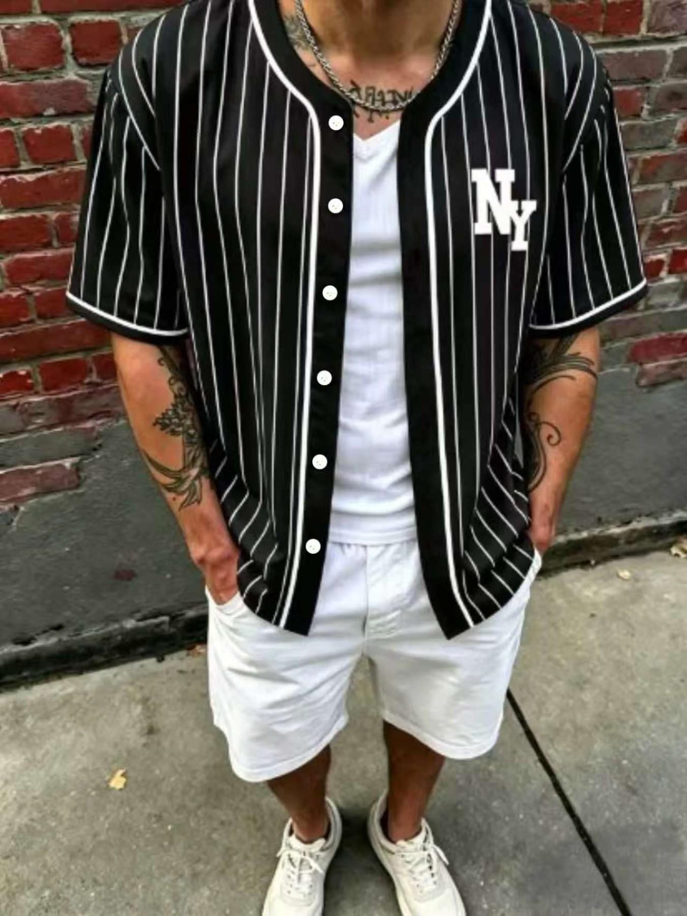 Aesthetic Style Men's New York Sporty All-Over Print Button-Up Baseball Shirt, Casual Striped Knit Fabric, Ideal for Outdoor Activities, Casual Sporty Top
