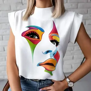 Women's Graphic T-Shirt with Mock Neck and Cap Sleeves, Casual Loose Fit Polyester Top with Multicolor Eye Print, Fitted, Women's Clothes