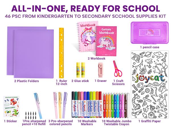 JoyCat Unicorn/Dinosaur School Supply Kit, 46 pcs Back to School Essential, Art Supplies & Refillable Tools, Ideal Kids Stationery Set for Girls Boys