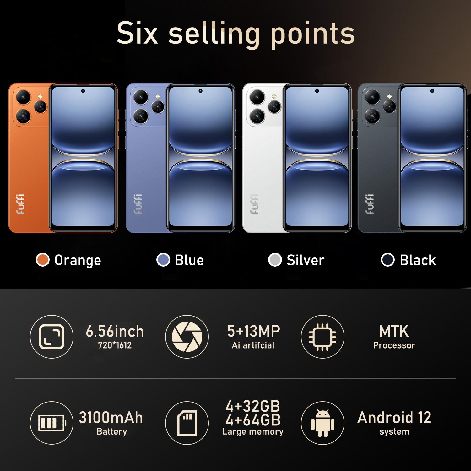 Fuffi Smart Unlock Phone Cellphone 6.56 Inches 4GB RAM 32GB Storage, 5+13mp Camera, 4g Network, Dual Sim, 3100mah Battery, Android 12, GPS