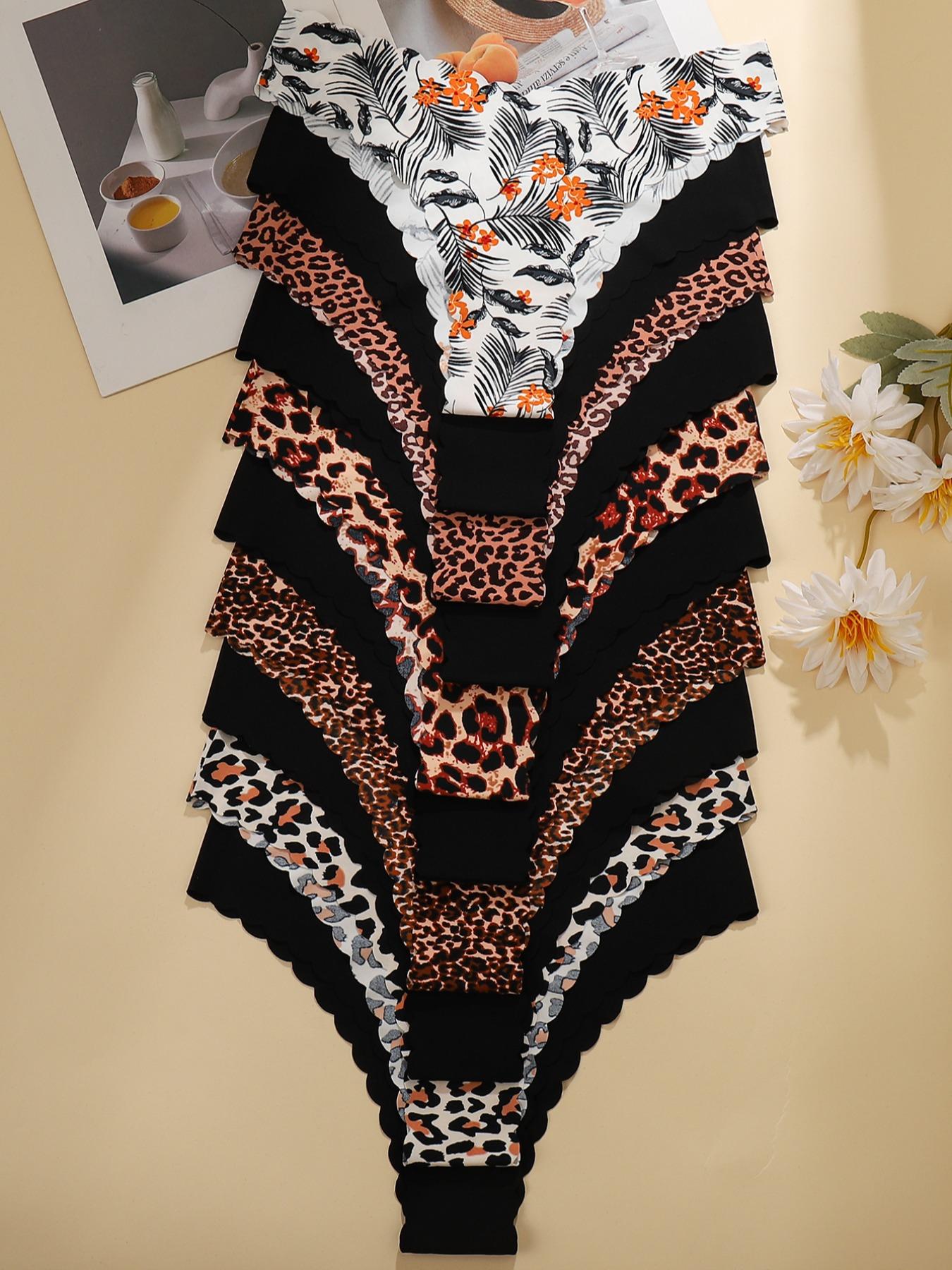 10 Pack Women's Floral & Solid Color Leopard Underwear, Sexy Simple Wave Hem Seamless Smooth Comfort Breathable Triangle Panties, Lady, Solid Seamless Panty