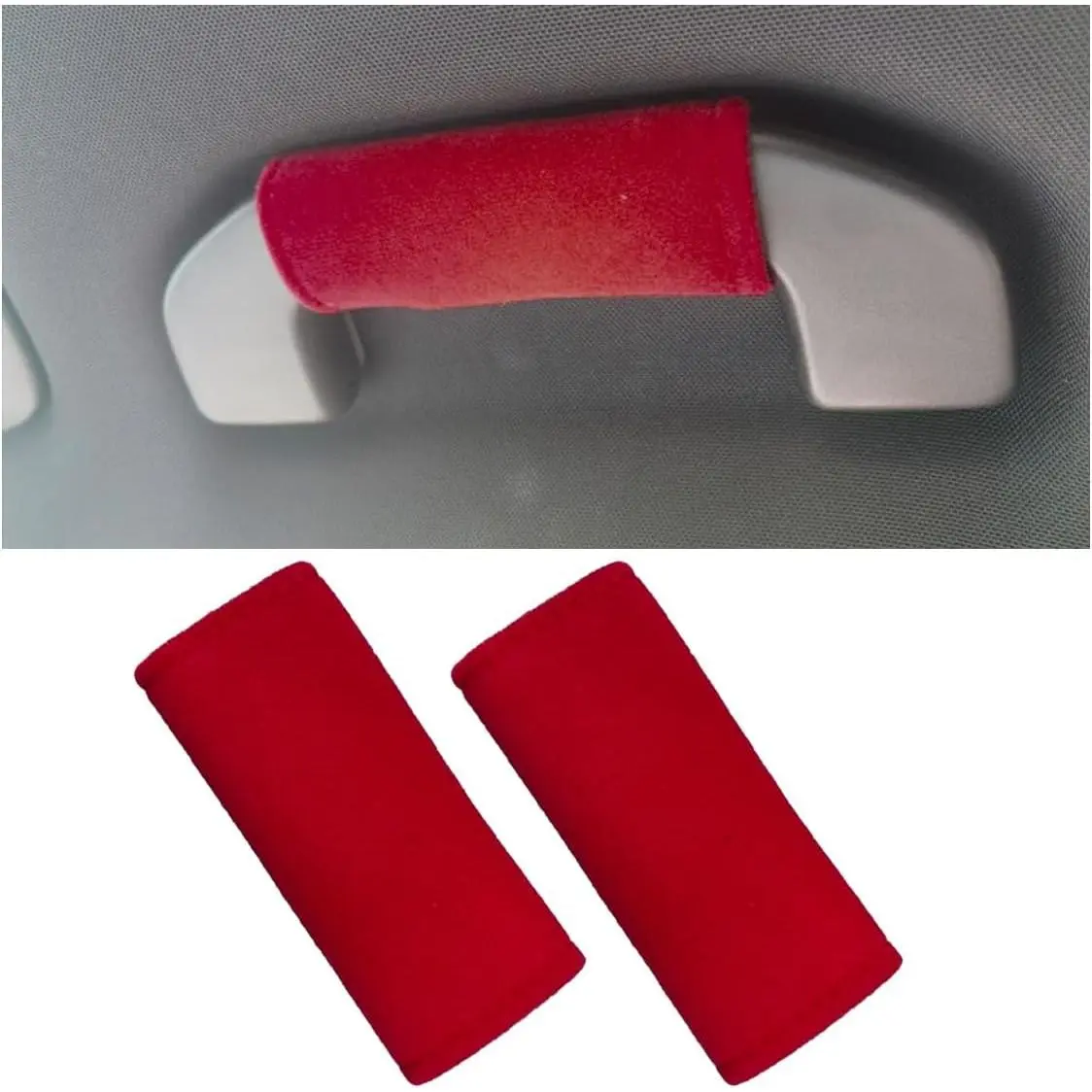 Unisex 2PCS Pair Set Car Inside Door Handle Protector - Colorful Soft Fluff Pull Cover, Anti-Scratch Grab Wrap, Car Interior Decoration Accessories (Red)