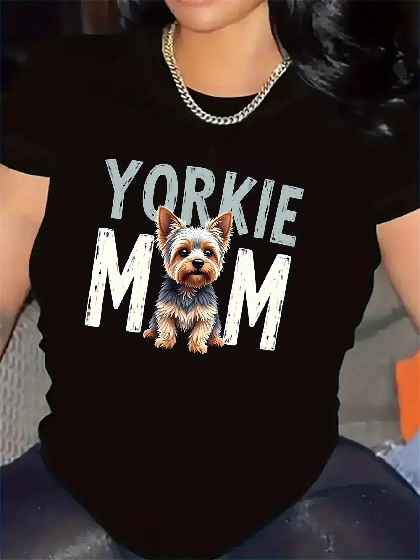 Women’s Yorkie Mom Distressed Yorkshire Terrier Dog Graphic T‑Shirt, Pet Lover Print Crew Neck Tee, 100% Cotton Short‑Sleeve Casual Top, Cute Dog Owner Gift Trendy All‑Season Shirt For Ladies