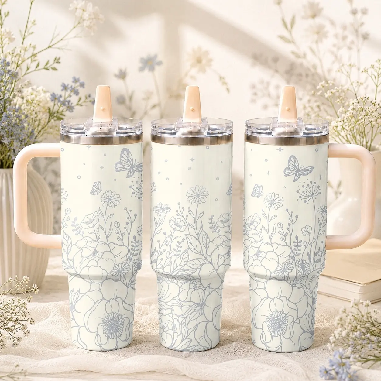 Blue Floral Butterfly Water Bottles 40oz Stainless Steel Insulated Tumbler with Handle & Flip Straw Lid, Leakproof Travel Cup for Water, Coffee & Daily Drinks, Fits Car Cup Holder for Gym, Office, Work & Travel