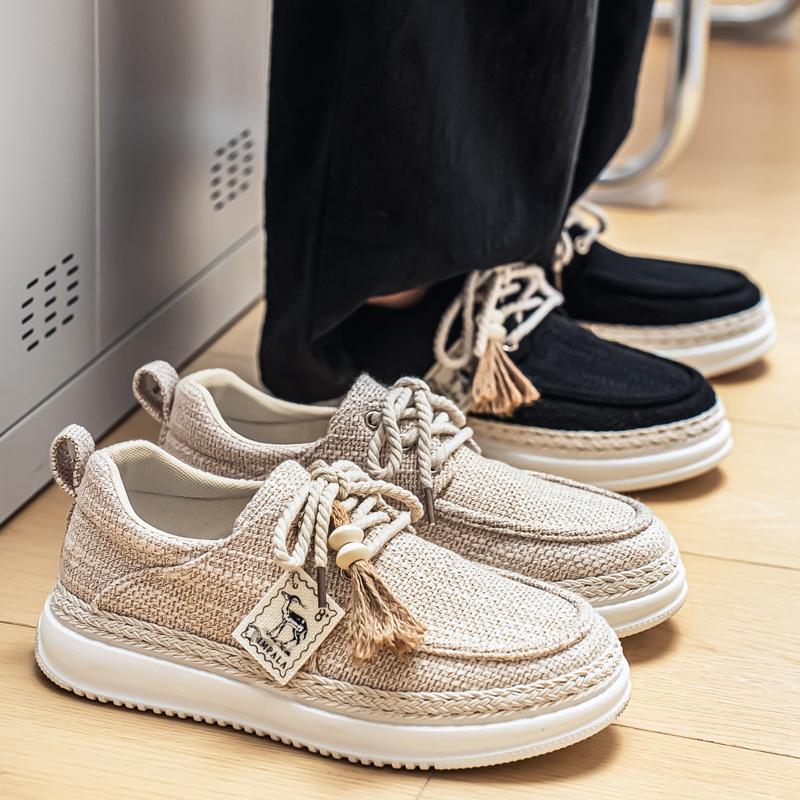 New Summer Men's Cotton Linen Shoes, Breathable Non-Stuffy, Straw Trim Fringe Design, Casual Retro Style, Perfect for Daily Wear
